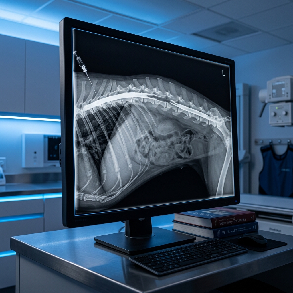 Radiografia contrastada de mielografia veterinária no IRV